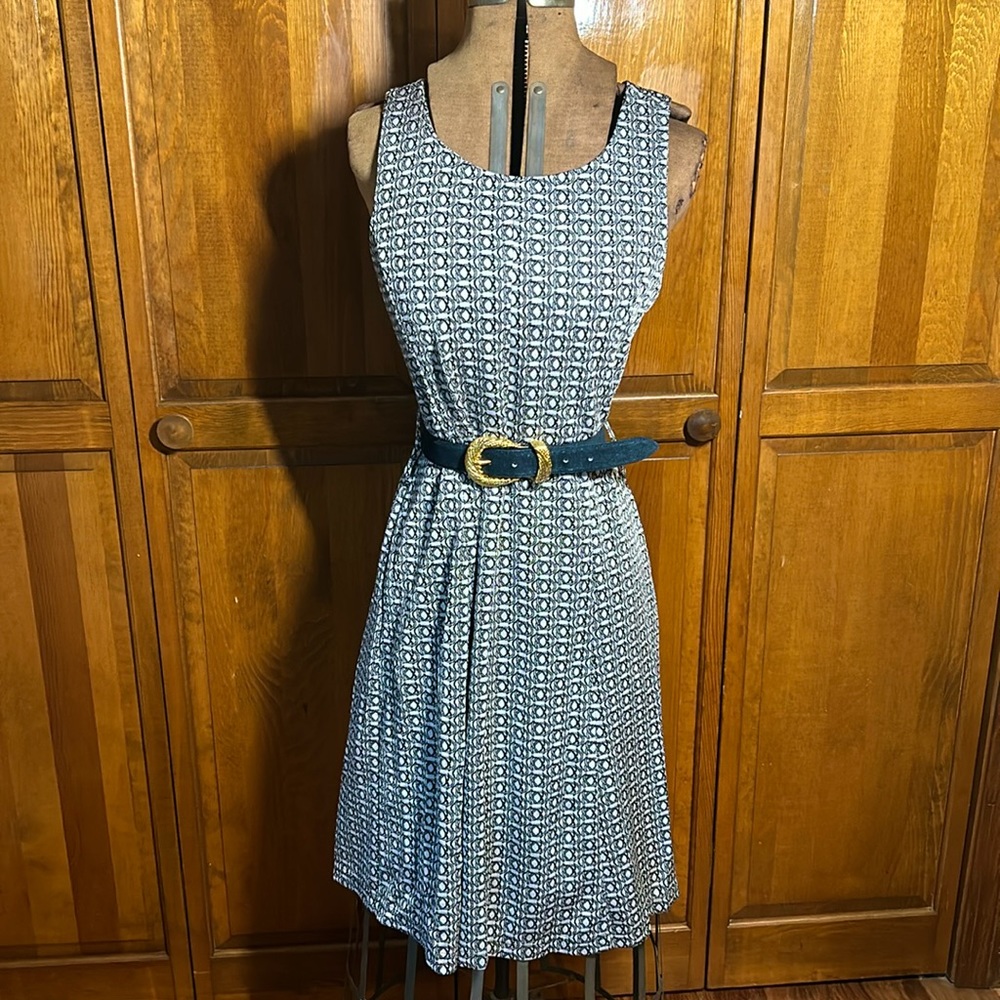 Elegant gray and black monogram design midi dress (Dress only—belt separate)
